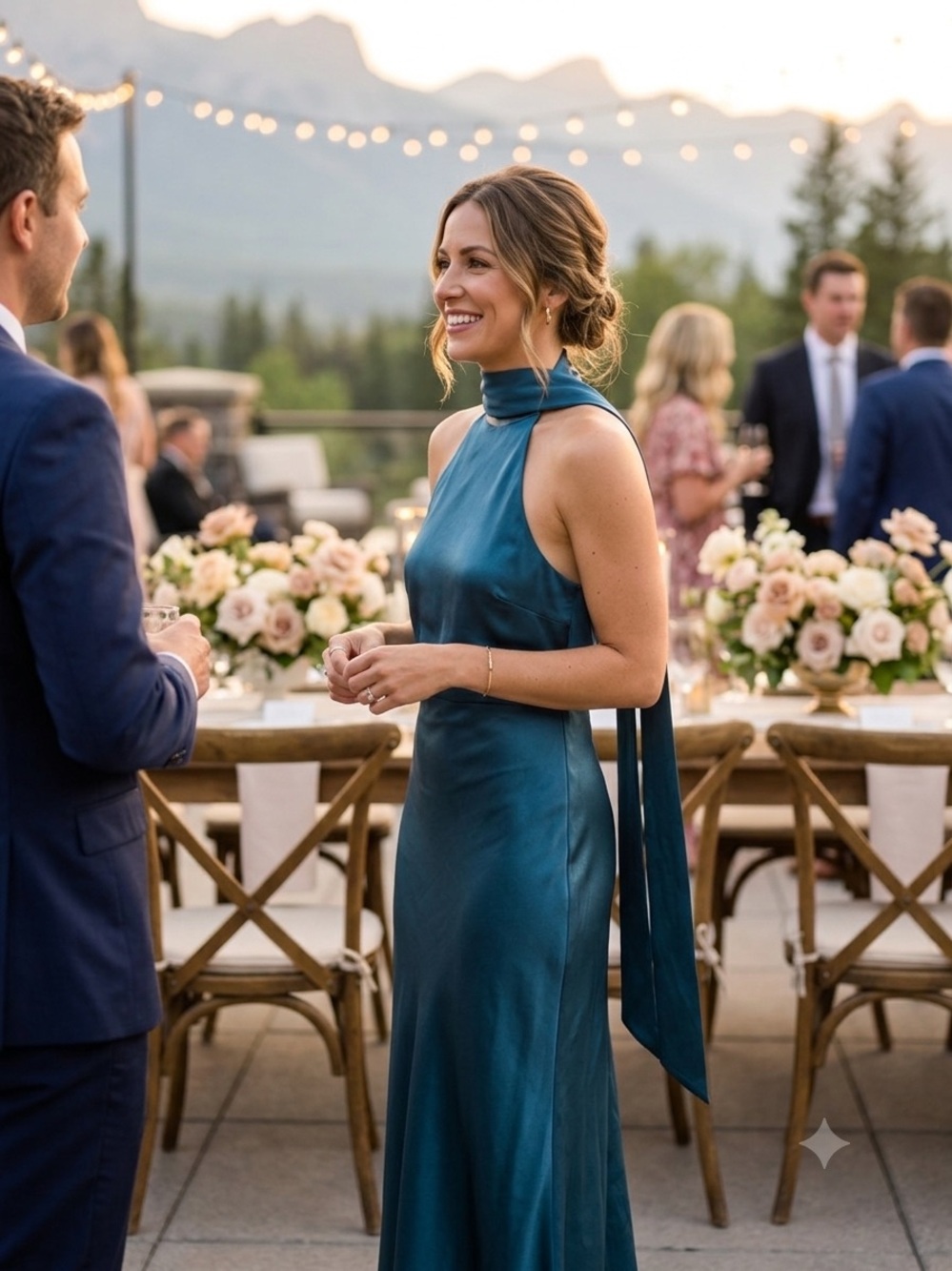 NWT RW&CO Teal Satin High-Neck Scarf Tie Maxi Dress Gown - Size 8